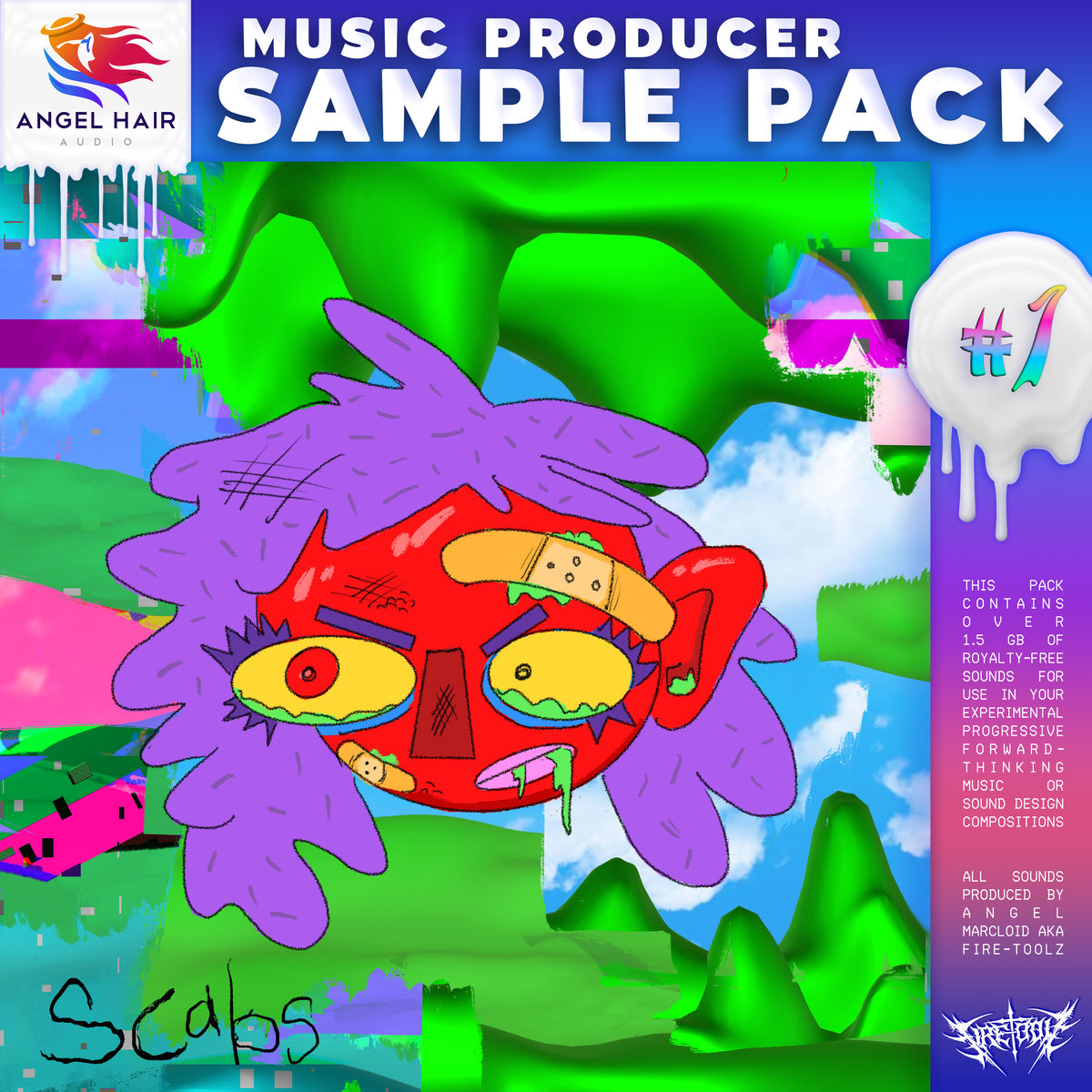 Cover art for 'SCABS: Sample Pack #1' featuring a cartoonish character with a red head and yellow eyes, surrounded by colorful abstract shapes and text.