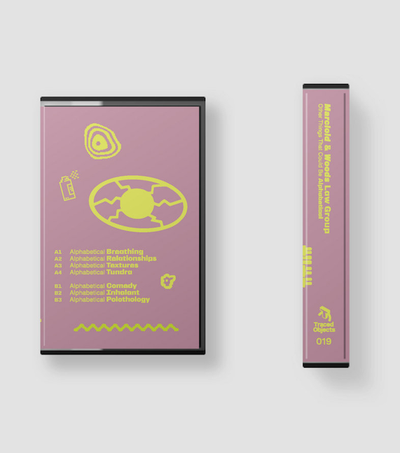 Cassette box and j-card for Marcloid & Woods Law Group - Other Things That Could Be Alphabetical with dark pale pink background and light yellow text and illustrations.