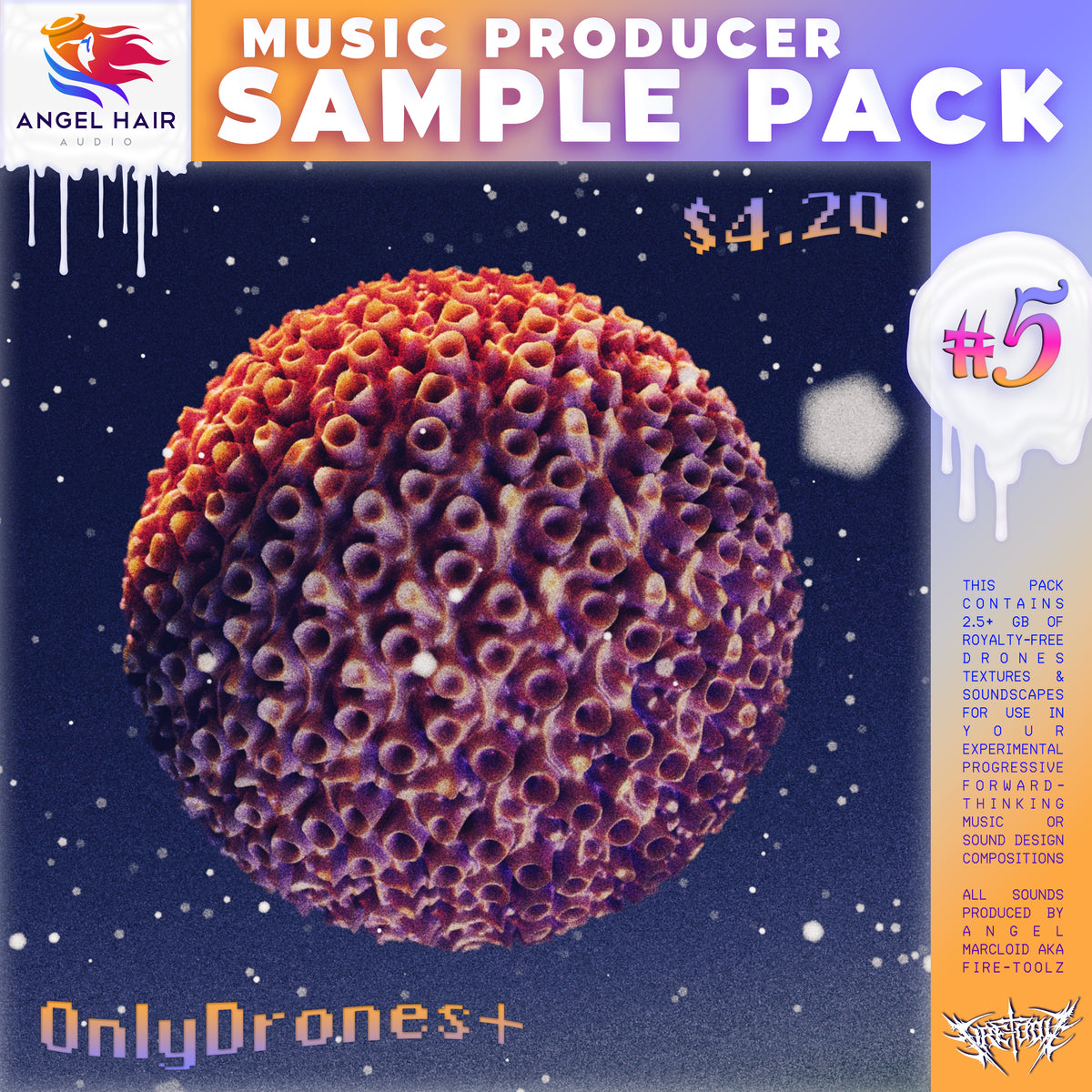 Music producer sample pack called ONLYDRONES+ with a textured sphere design on a blue background, featuring text and branding.
