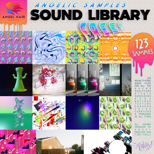 Collage of colorful graphics and text for an angelic samples sound library.