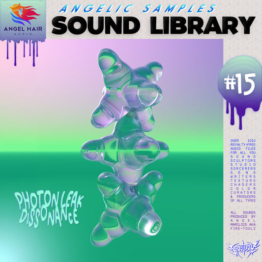 Cover of Angelic Samples Sound Library #15 with a glassy abstract object half-submerged in a green glowing liquid with a pink and purple gradient sky in the background.