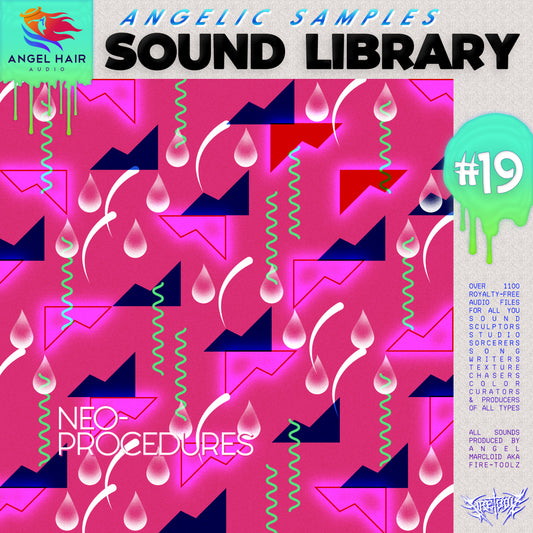 Cover of 'Angelic Samples Sound Library #19' called Neo-Procedures, with geometric patterns and text on a pink background.