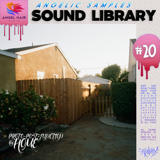 Backyard scene with a wooden fence and house, overlaid with text about a sound library / sample pack by Angelic Samples.