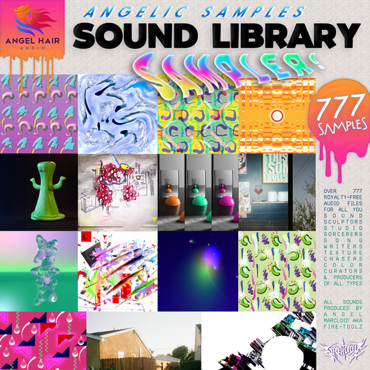 Collage of colorful abstract designs and text for Angelic Samples Sound Library.