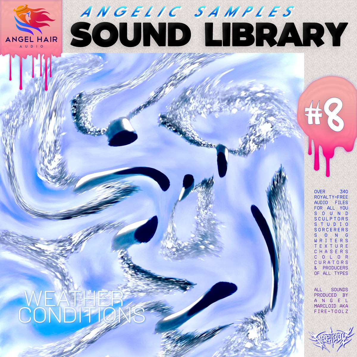 Cover of 'Angelic Samples Sound Library #8' sample pack featuring abstract icy swirly artwork by Alana Schachtel