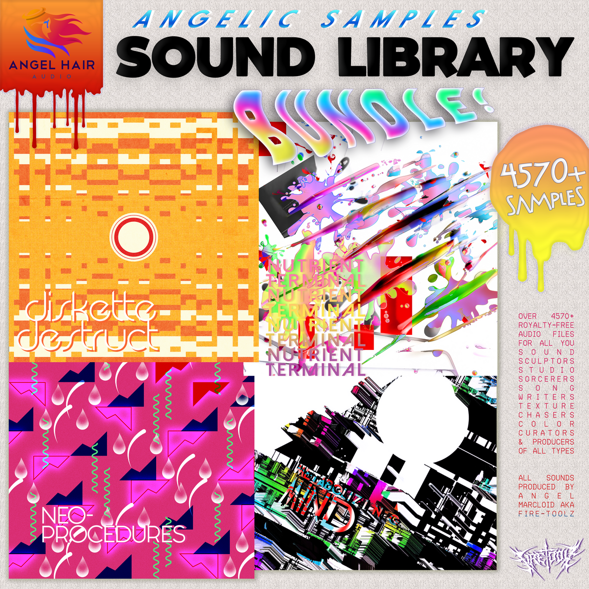 Cover of 'Angelic Samples Sound Library' with colorful abstract designs and text.