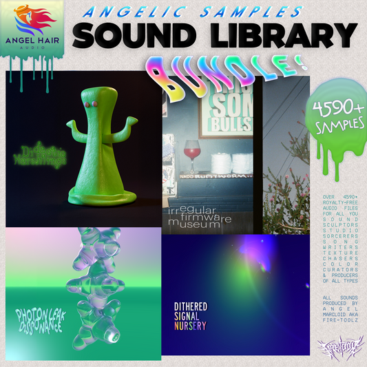 Promotional graphic for Angelic Samples Sound Library Bundle with various sound effects and samples.