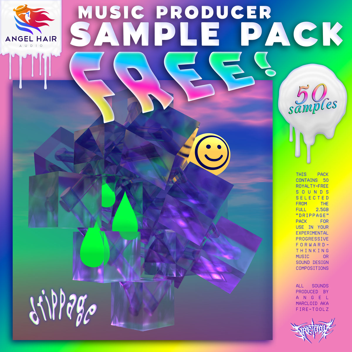 Music producer sample pack called DRIPPAGE with colorful design by Zer0 Rei and a gradient background