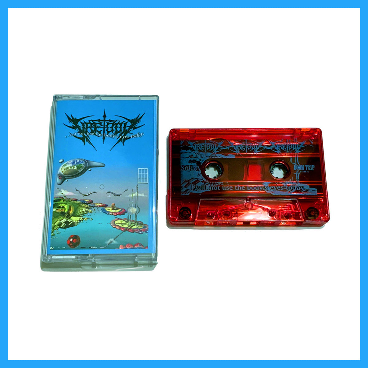 A cassette tape and its cover art featuring a translucent red tape on a white background.