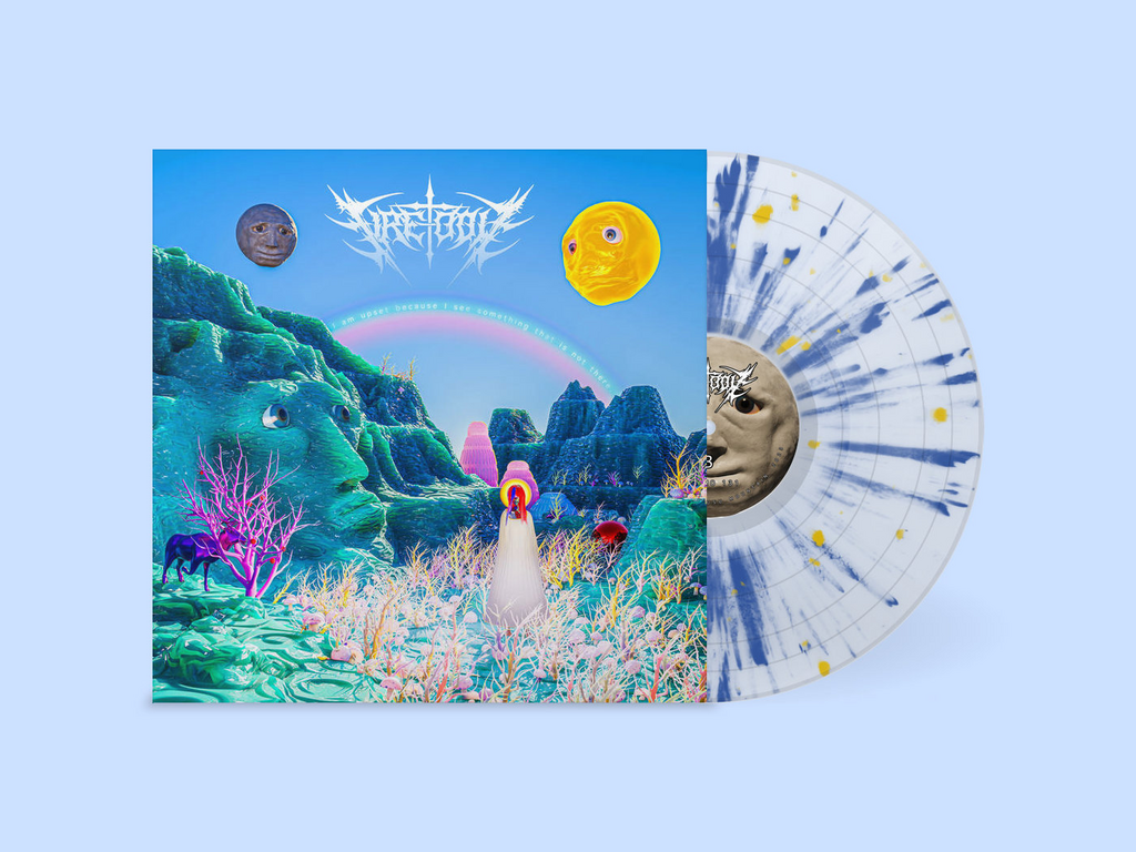 A vinyl LP of Fire-Toolz 'I am upset because I see something that is not there.' with a colorful cover featuring a fantasy landscape and a vinyl record inside.