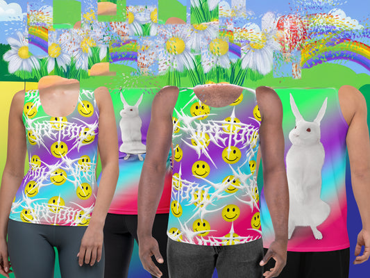 A tank top with an all-over print featuring smiley faces and a big bunny on a gradient background.