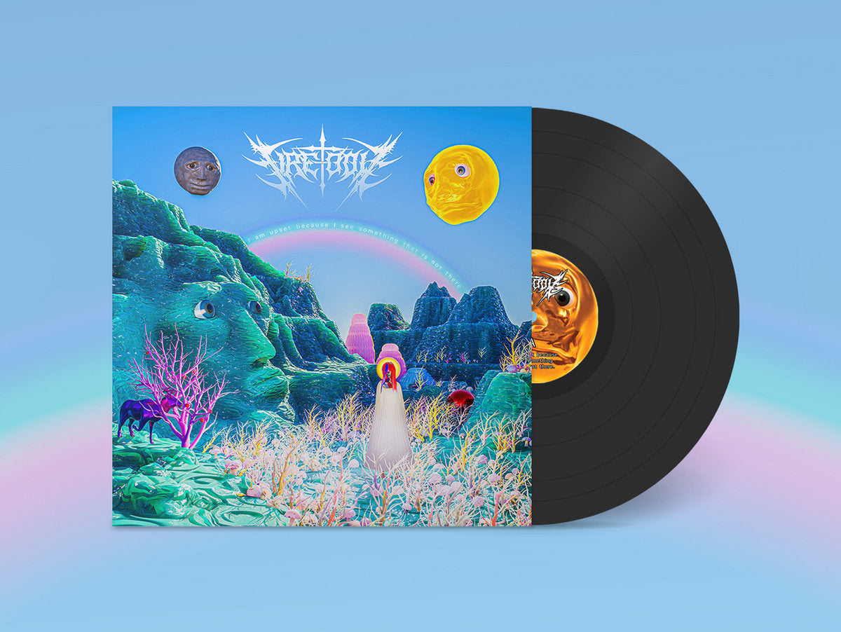A vinyl LP of Fire-Toolz 'I am upset because I see something that is not there.' with a colorful cover featuring a fantasy landscape and a vinyl record inside.