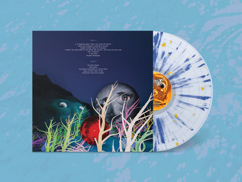 Back cover of Fire-Toolz 'I am upset because I see something that is not there.' LP and part of the white and blue splatter version of the record showing from behind the art.
