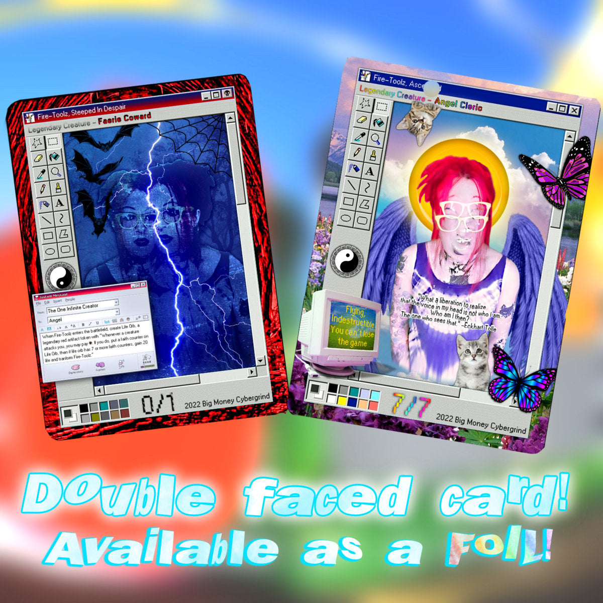 Front and back of a Fire-Toolz Magic The Gathering card. Text that says "Double faced card! Avilable as a foil!"