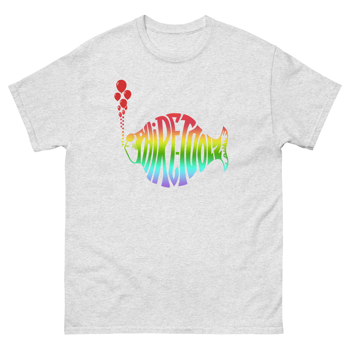 White shirt with rainbow gradient logo