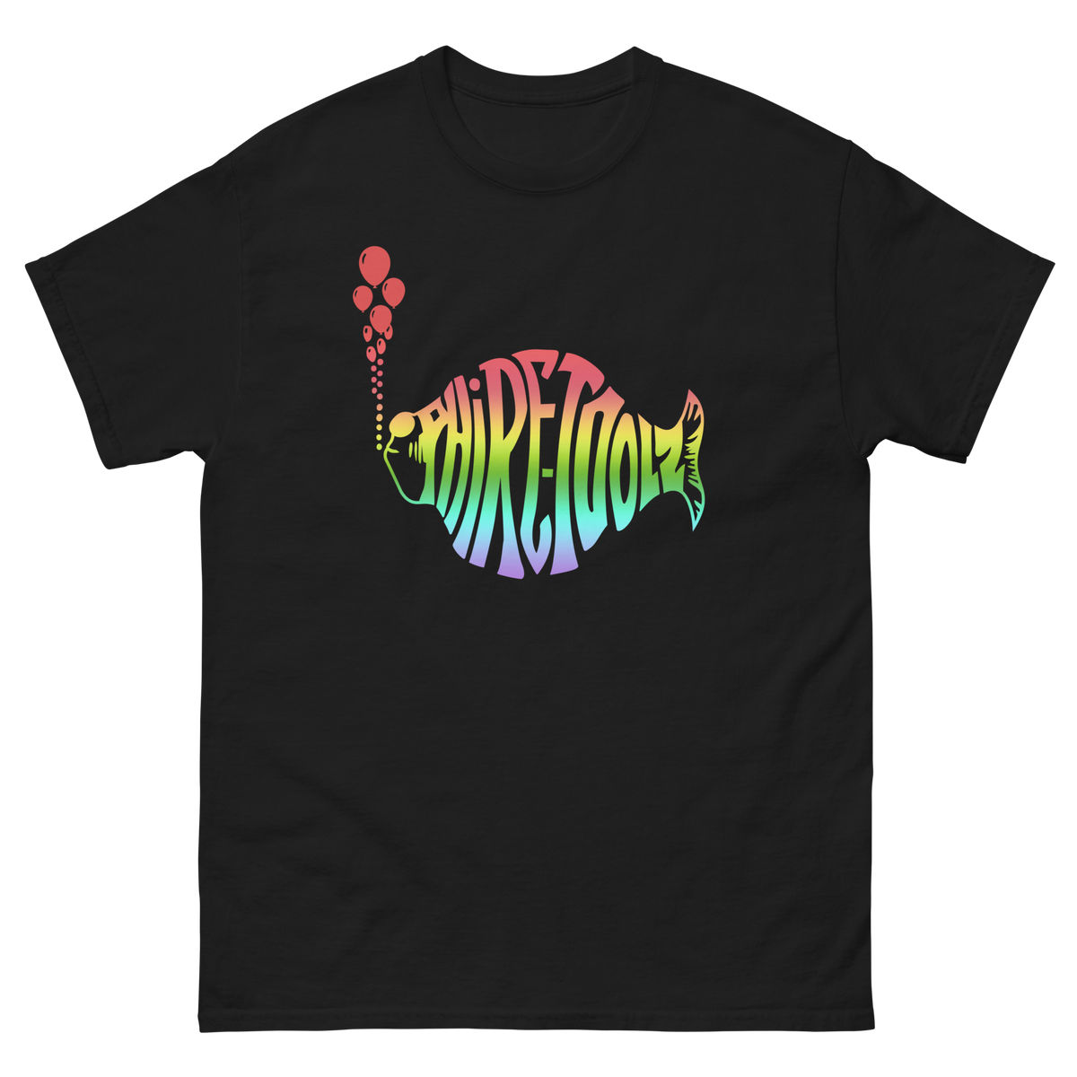 Black shirt with rainbow gradient logo
