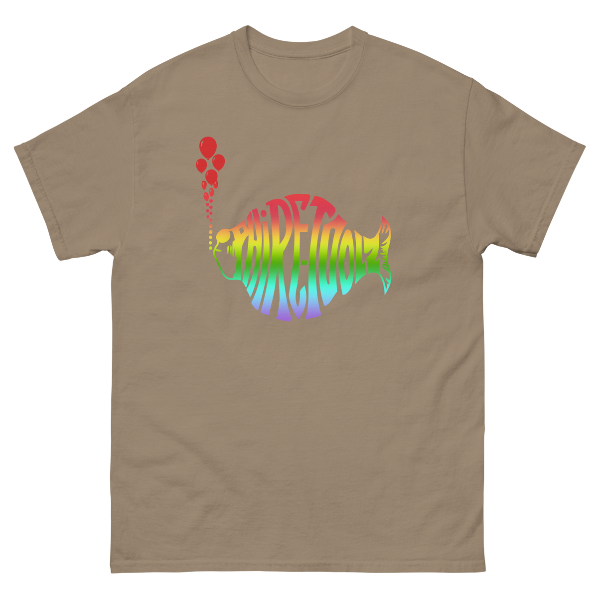 Brown shirt with rainbow gradient logo