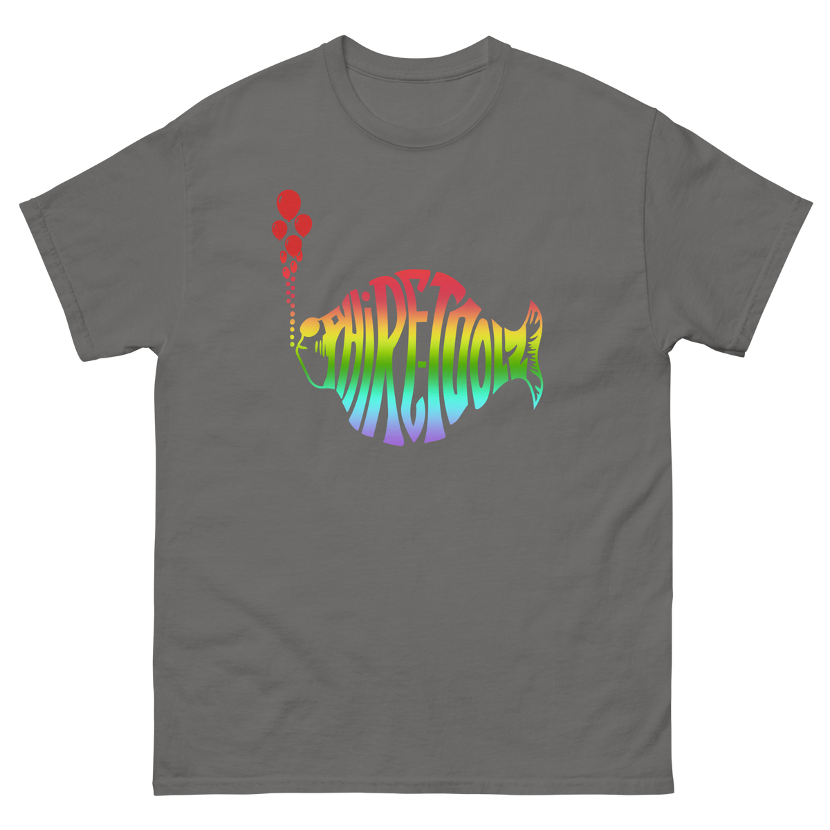 Charcoal tee with rainbow gradient logo