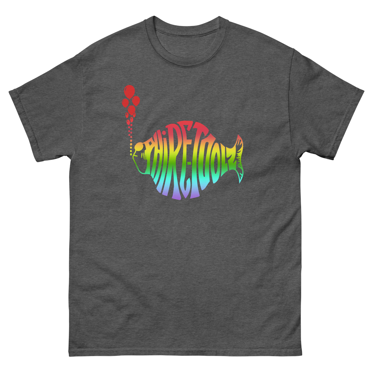 Dark heather shirt with rainbow gradient logo