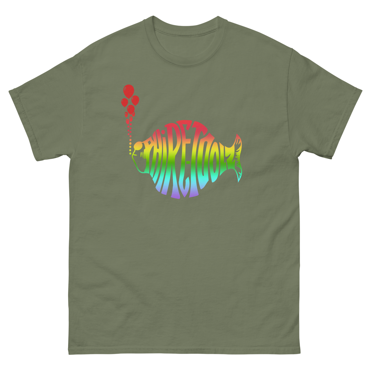 Military green shirt with rainbow gradient logo