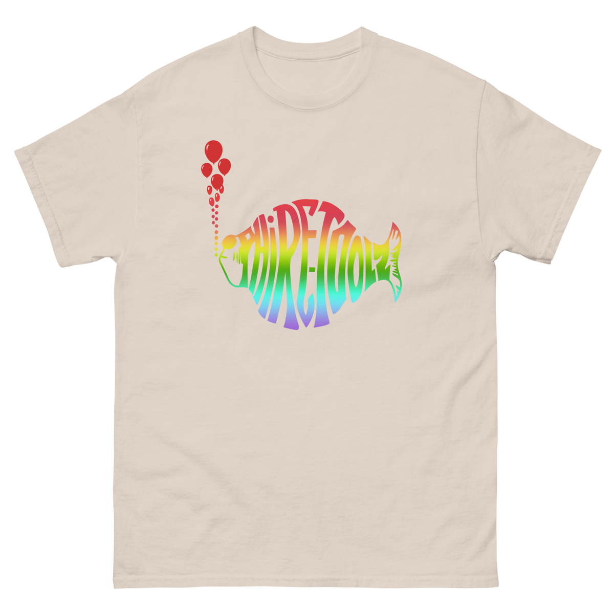 White shirt with rainbow gradient logo