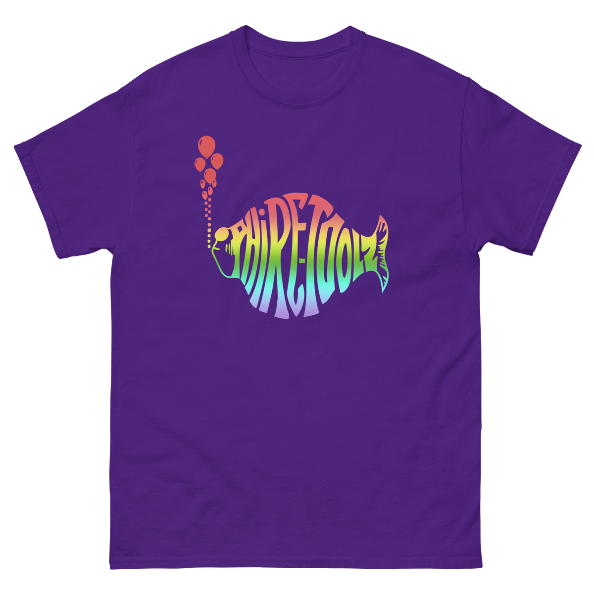 Purple shirt with rainbow gradient logo
