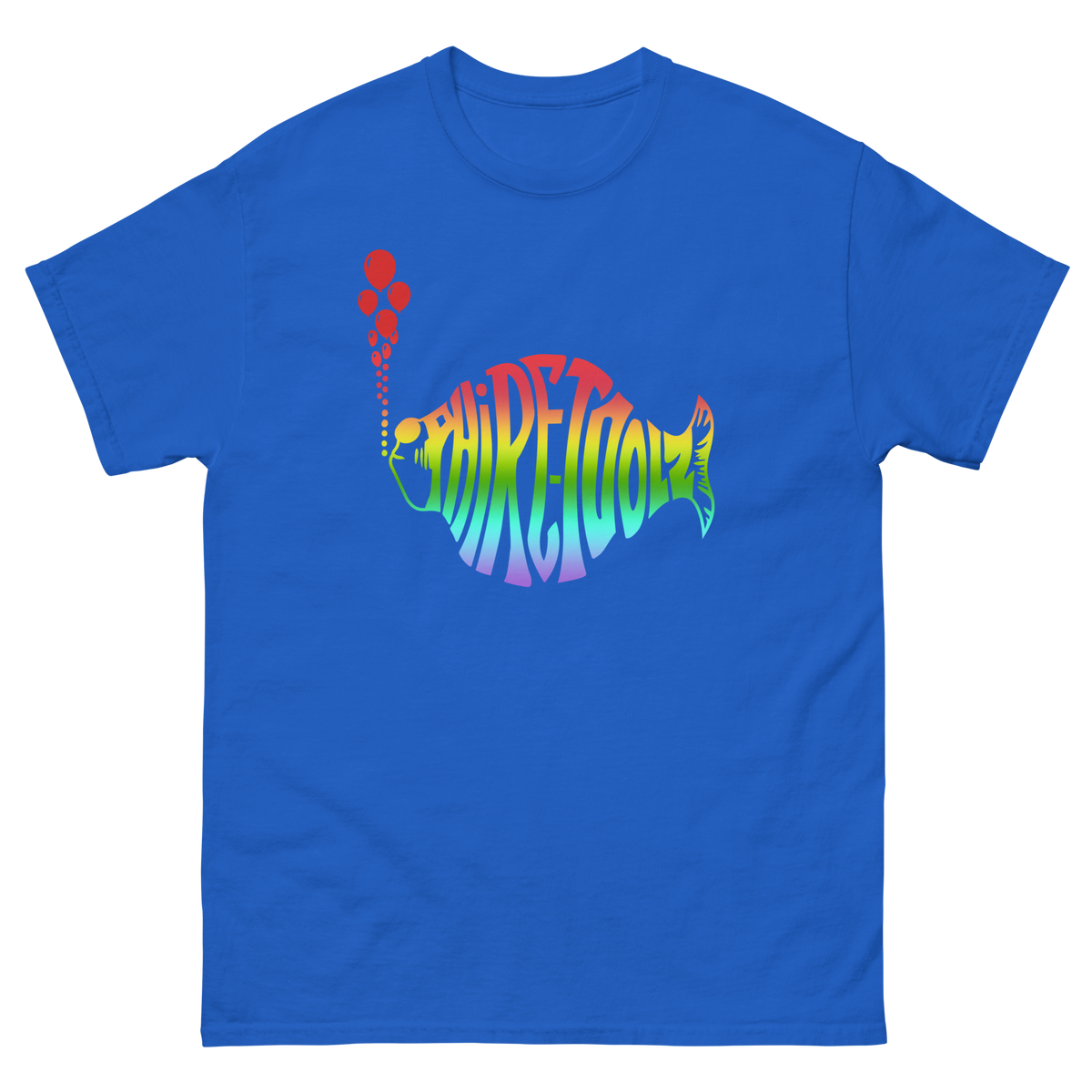 Royal blue shirt with rainbow gradient logo
