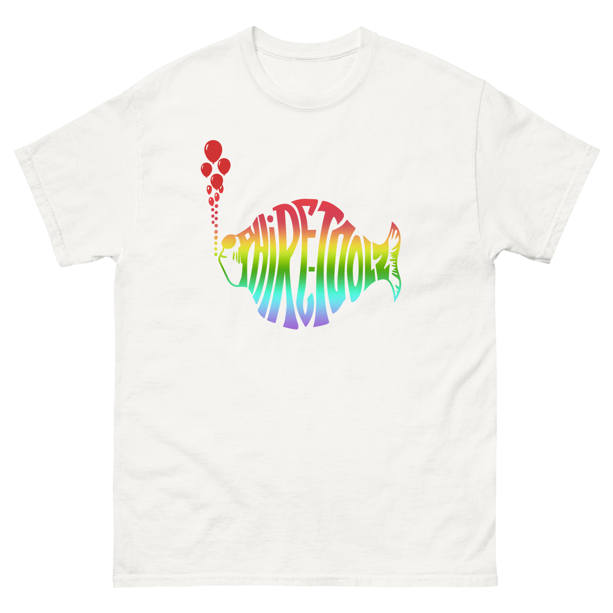 White shirt with rainbow gradient logo