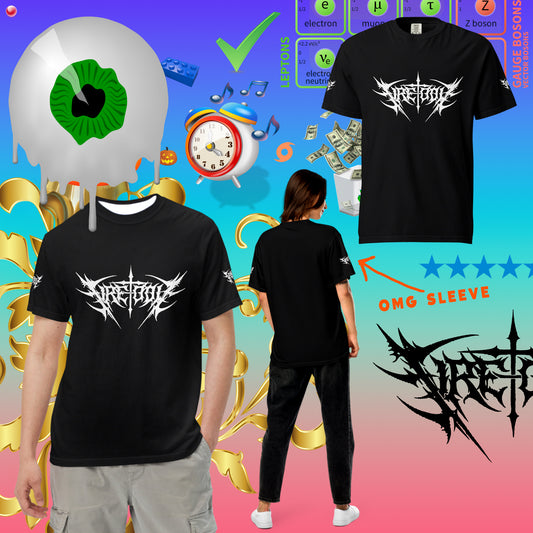 A collage showcasing a black 'Fire-Toolz Classic Logo' unisex heavyweight T-shirt with white and red text and design elements. The image includes a model wearing the t-shirt, various graphics, and the text 'OMG SLEEVE' indicating a feature of the sleeves.