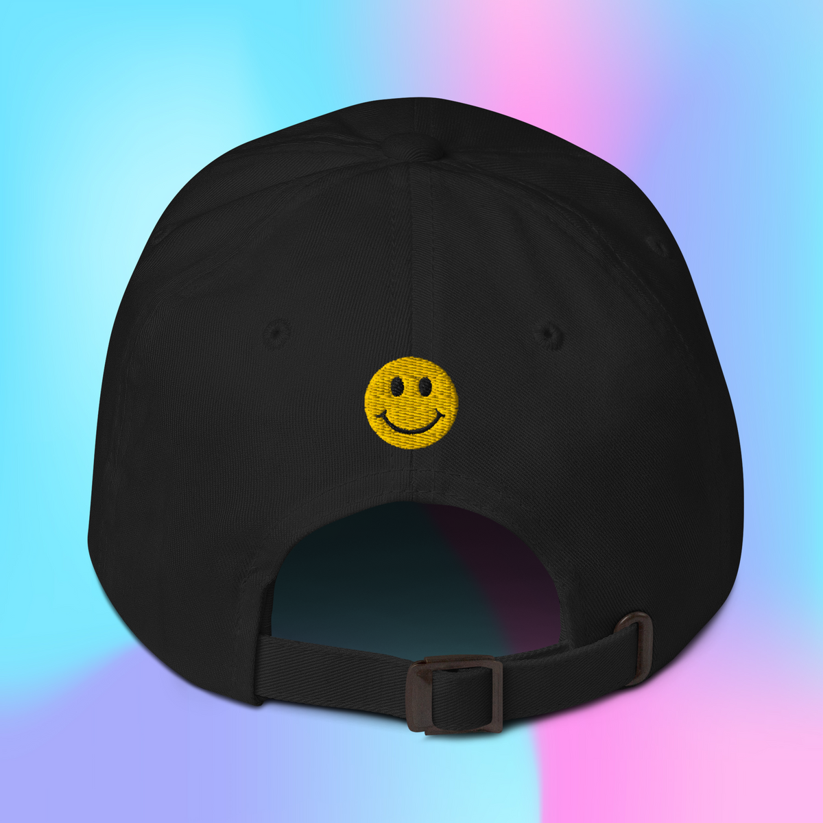 Black dad hat with yellow smiley face embroidered on the back