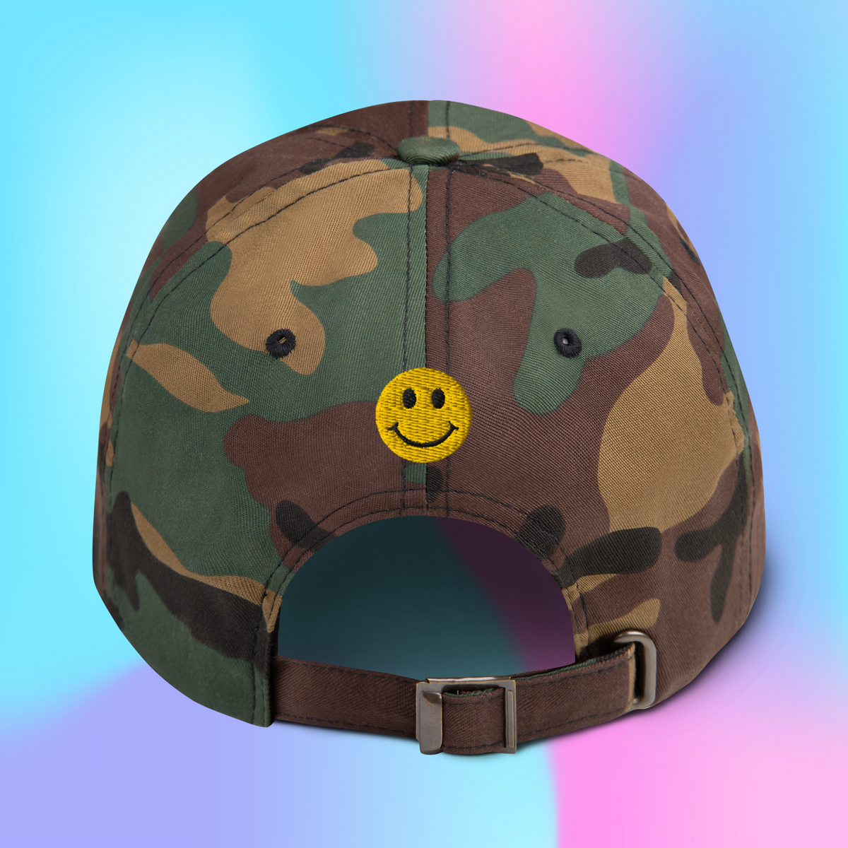 Camouflage dad hat with a smiley face embroidered.