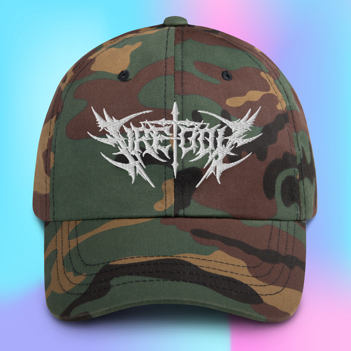 Camoflauge Fire-Toolz dad hat on a colorful gradient background