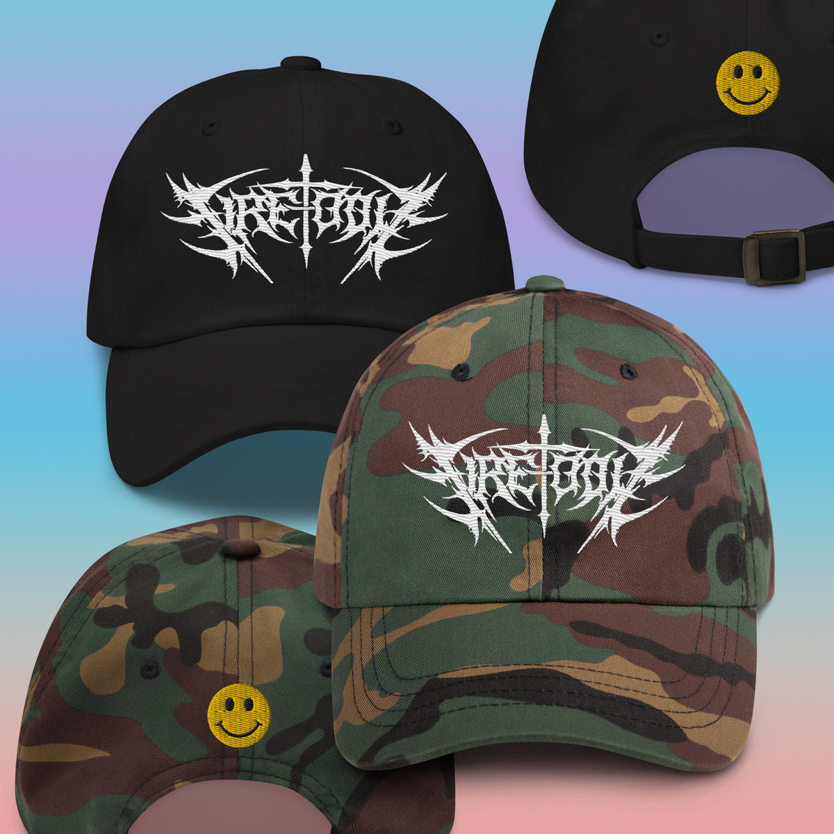 Embroidered dad hats, one black and one camouflage, each featuring a white logo on the front and a small smiley face on the back.