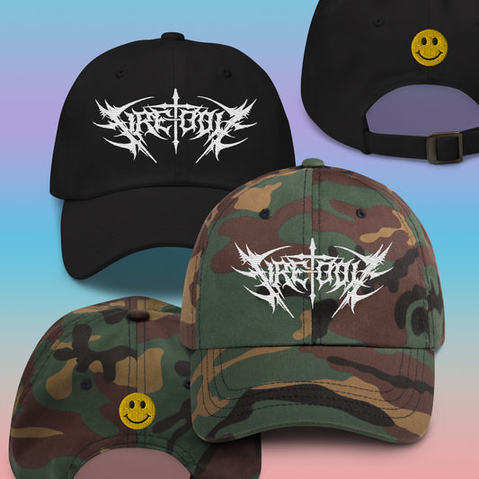 Embroidered dad hats, one black and one camouflage, each featuring a white logo on the front and a small smiley face on the back.