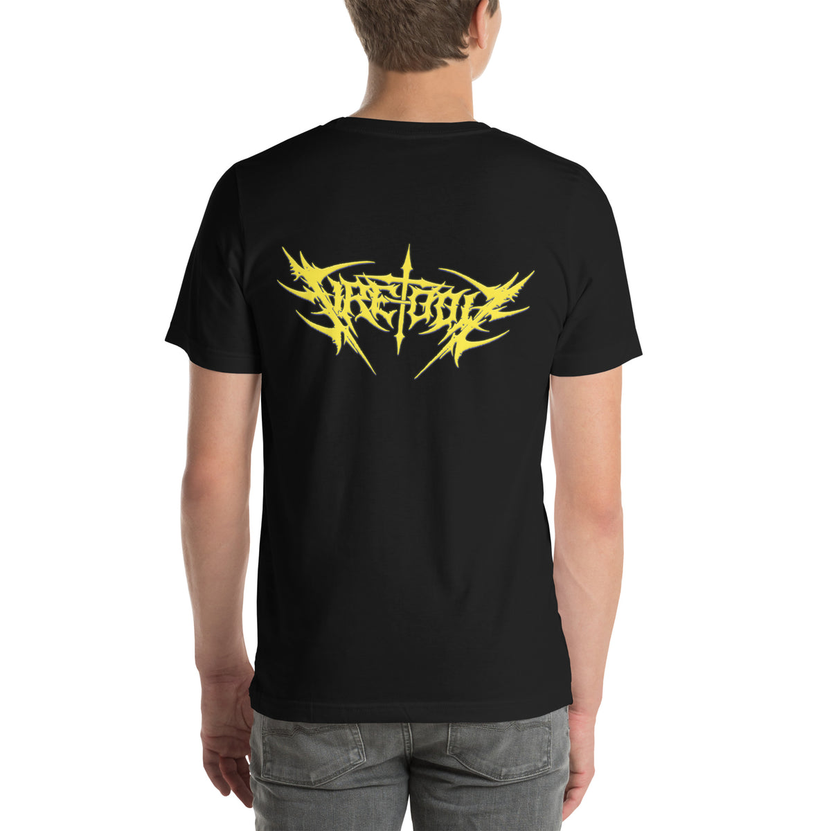 Black t-shirt with yellow Fire-Toolz logo on the back, worn by a person.
