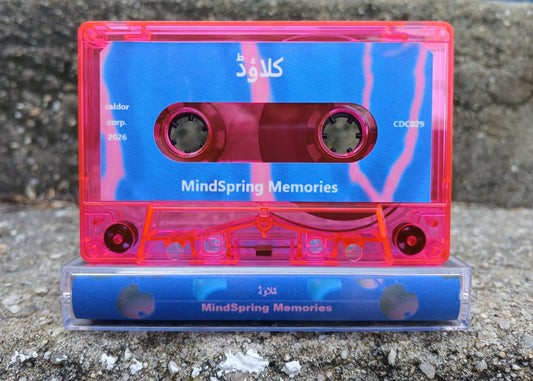 A translucent pink cassette tape and its matching clear plastic case, both featuring a blue label with Arabic text and the English phrase 'MindSpring Memories,' photographed on a rough stone surface.