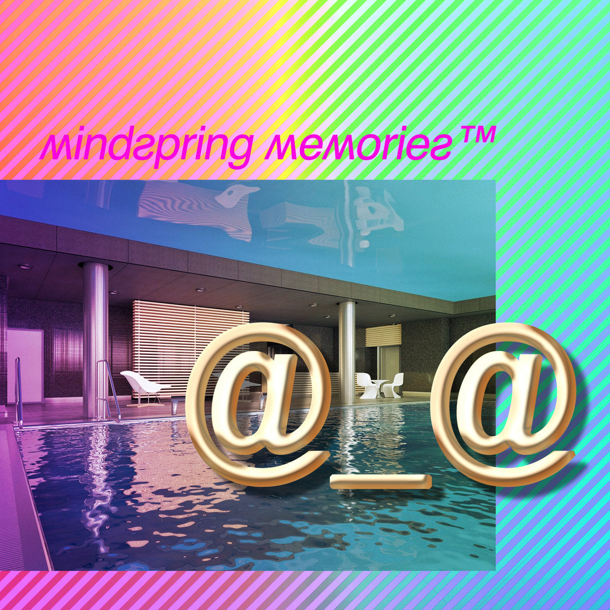 Modern indoor pool area with decorative '@' symbols and 'mindspring memories' text on a colorful striped background.