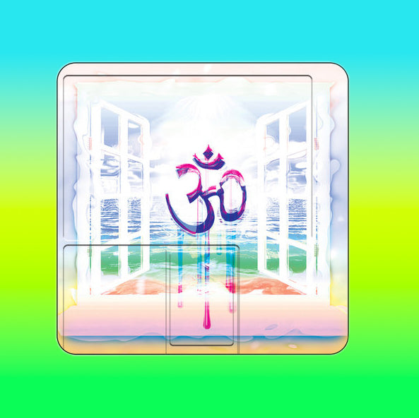 A colorful digital artwork on a minidisc with a prominent symbol in the center.