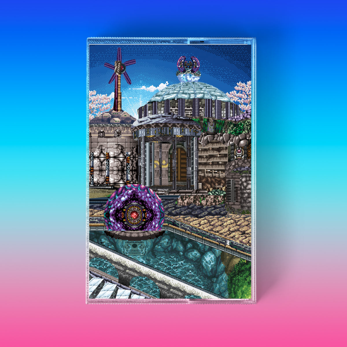 Cover art for the cassette tape featuring a pixelated illustration with a central bubble-like structure, surrounded by what appears to be a futuristic cityscape with a dome.