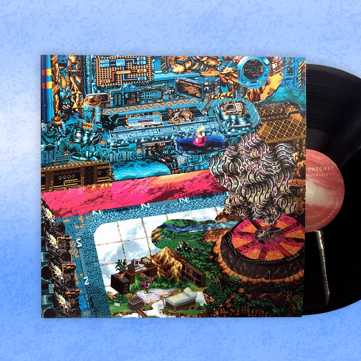 A vinyl LP record with a colorful artistic cover featuring a futuristic cityscape and abstract patterns.