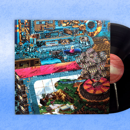 A vinyl LP record with a colorful artistic cover featuring a futuristic cityscape and abstract patterns.
