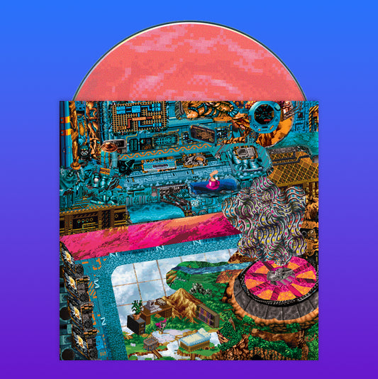 A CD cover featuring a colorful abstract artwork with various geometric shapes and pixel art on a purple background.
