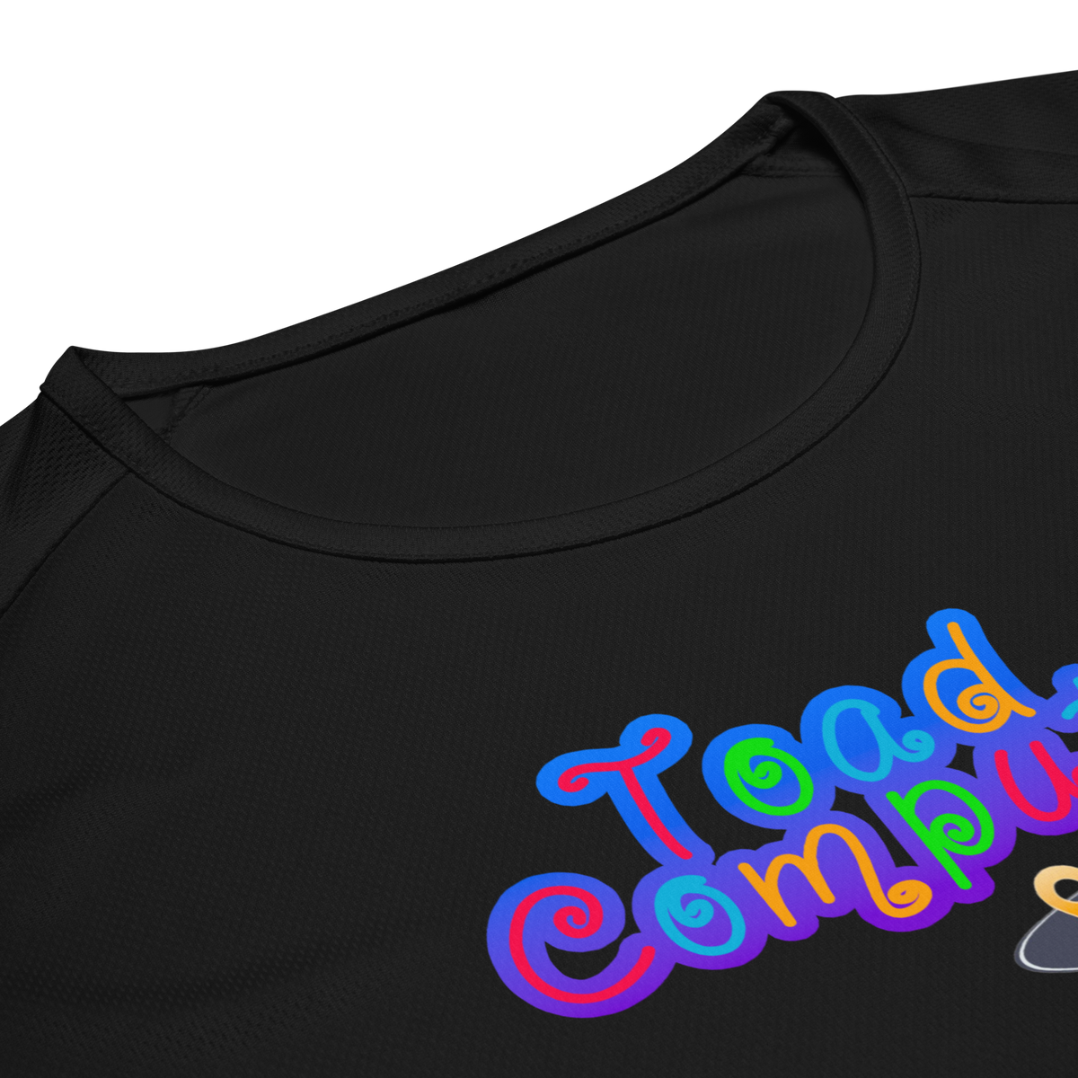 Closeup of a colorful logo on a black tshirt