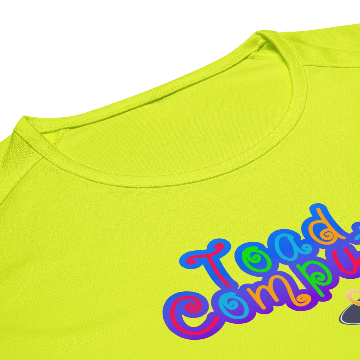 Closeup of a colorful logo on a bright yellow t-shirt