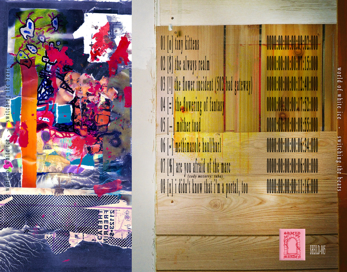 Collage with colorful abstract design on the left and track listing on a wooden panel on the right.