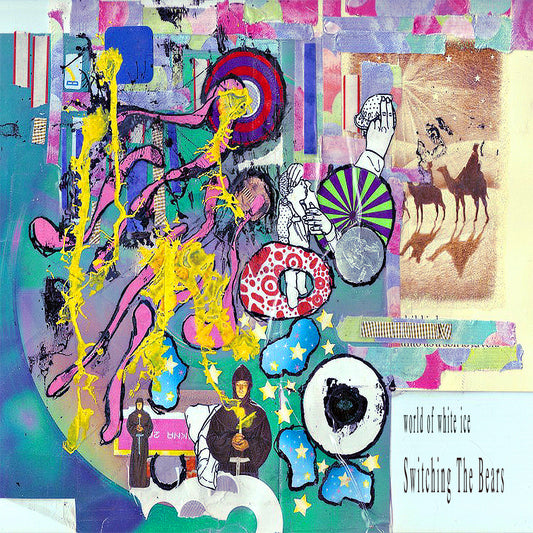 Colorful album cover for World Of White Ice - Switching The Bears CD with abstract mixed media collage