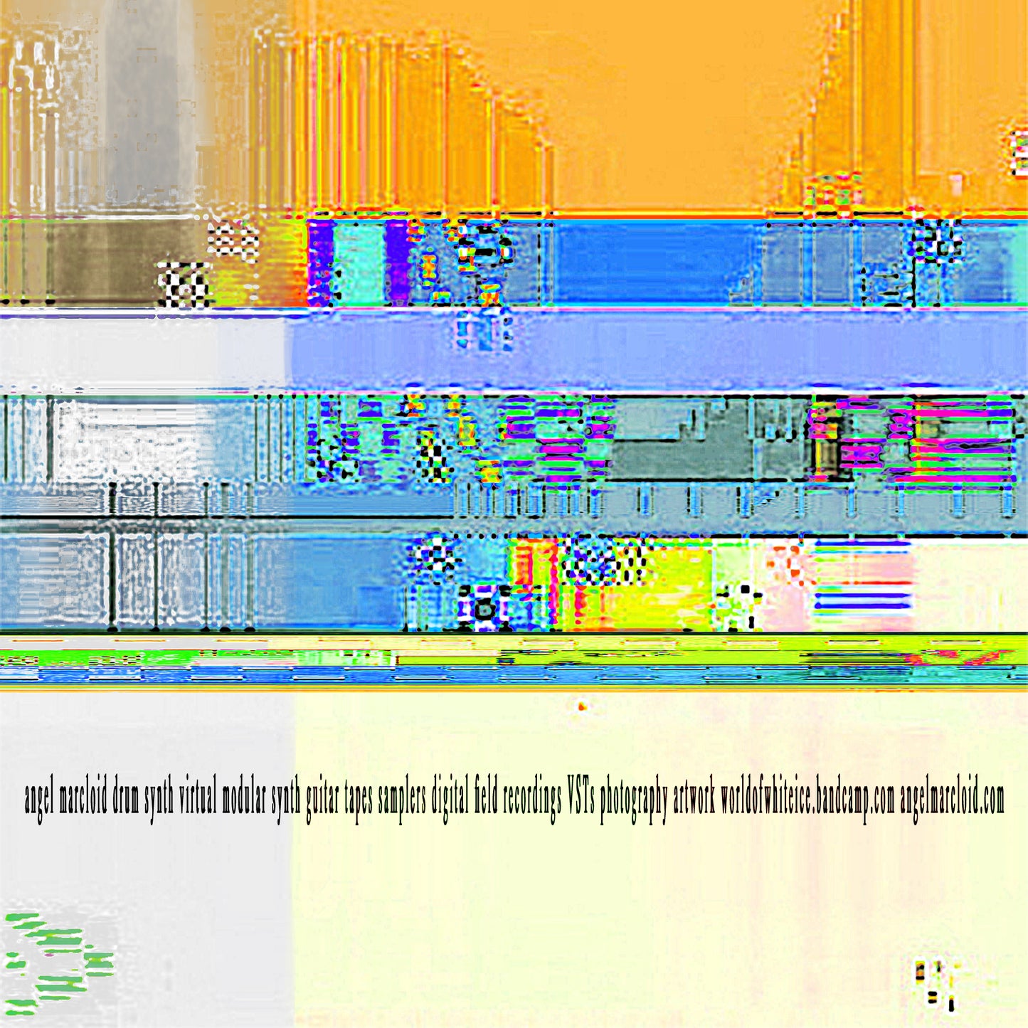 Colorful abstract glitchy patterns with insert text and credits