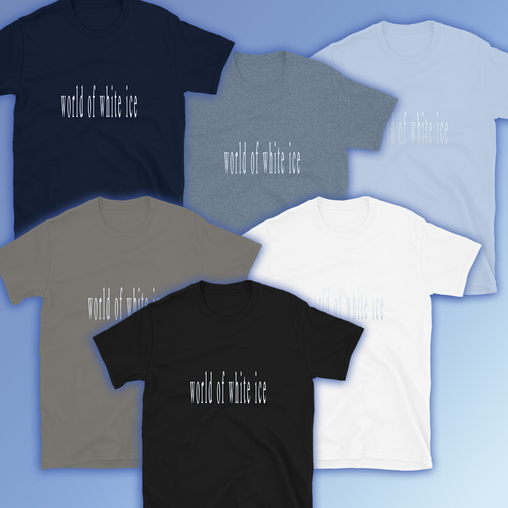 A collection of unisex t-shirts in various colors, including blue, gray, white, and black, all with the 'world of white ice' text printed on the front.